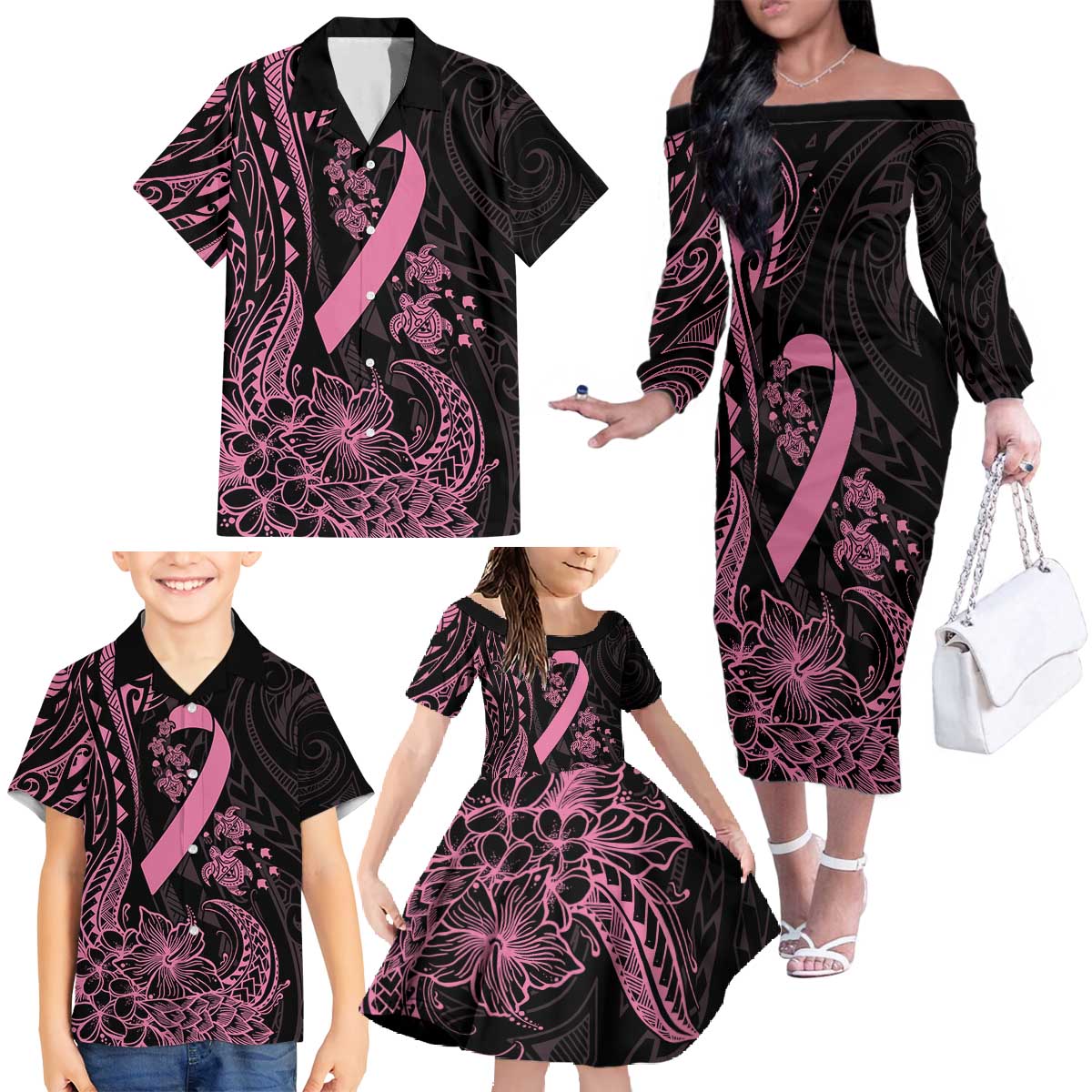 Polynesian Pink Power Family Matching Off The Shoulder Long Sleeve Dress and Hawaiian Shirt Breast Cancer Ribbon Turtle and Flowers