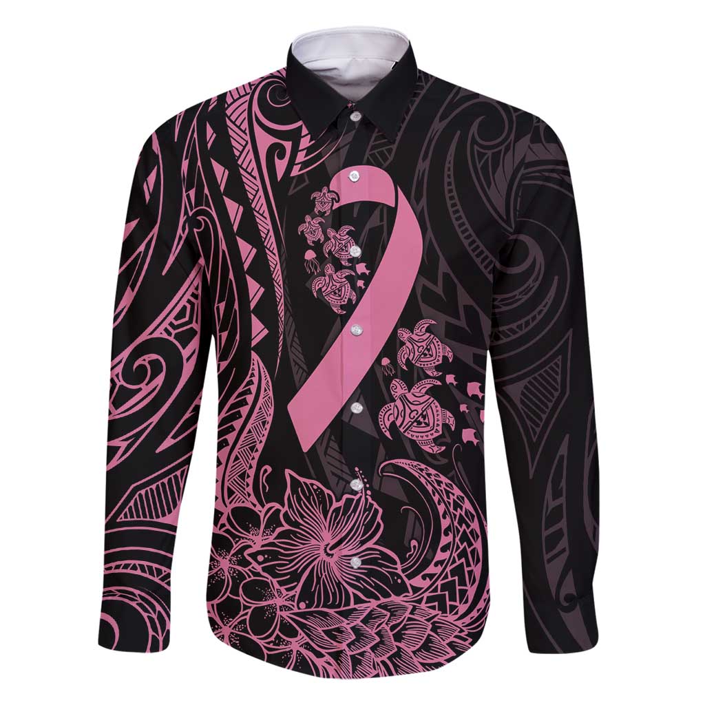 Polynesian Pink Power Family Matching Off Shoulder Maxi Dress and Hawaiian Shirt Breast Cancer Ribbon Turtle and Flowers