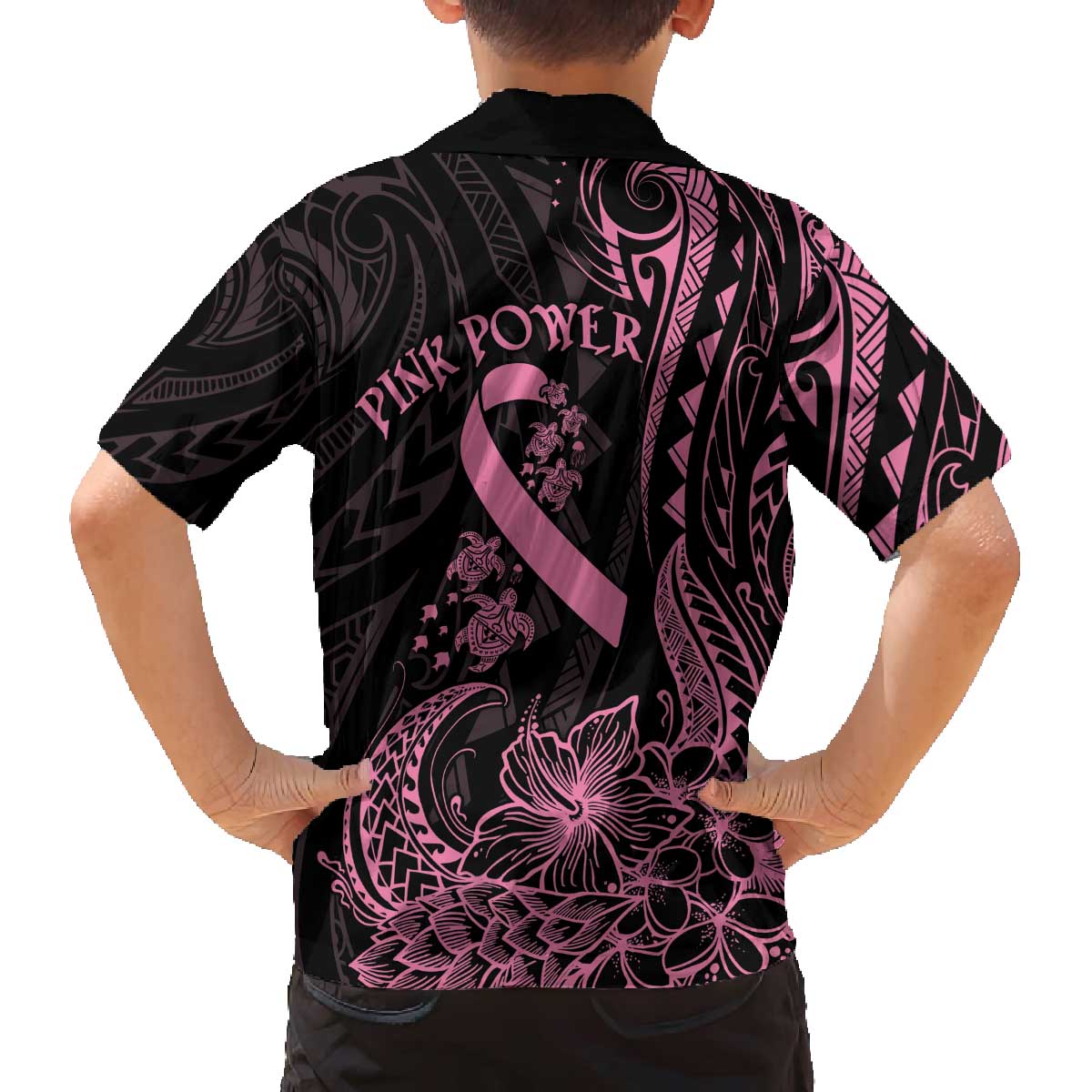 Polynesian Pink Power Family Matching Off Shoulder Short Dress and Hawaiian Shirt Breast Cancer Ribbon Turtle and Flowers
