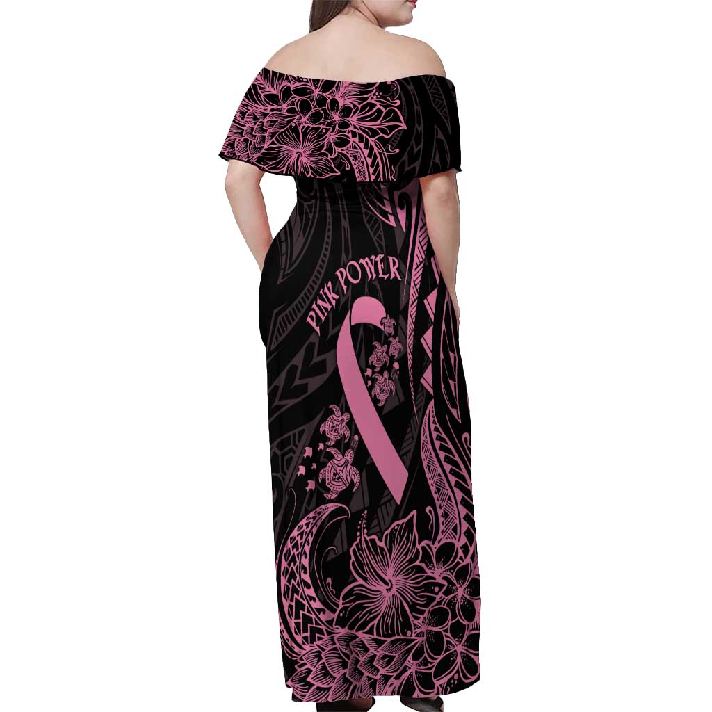 Polynesian Pink Power Off Shoulder Maxi Dress Breast Cancer Ribbon Turtle and Flowers