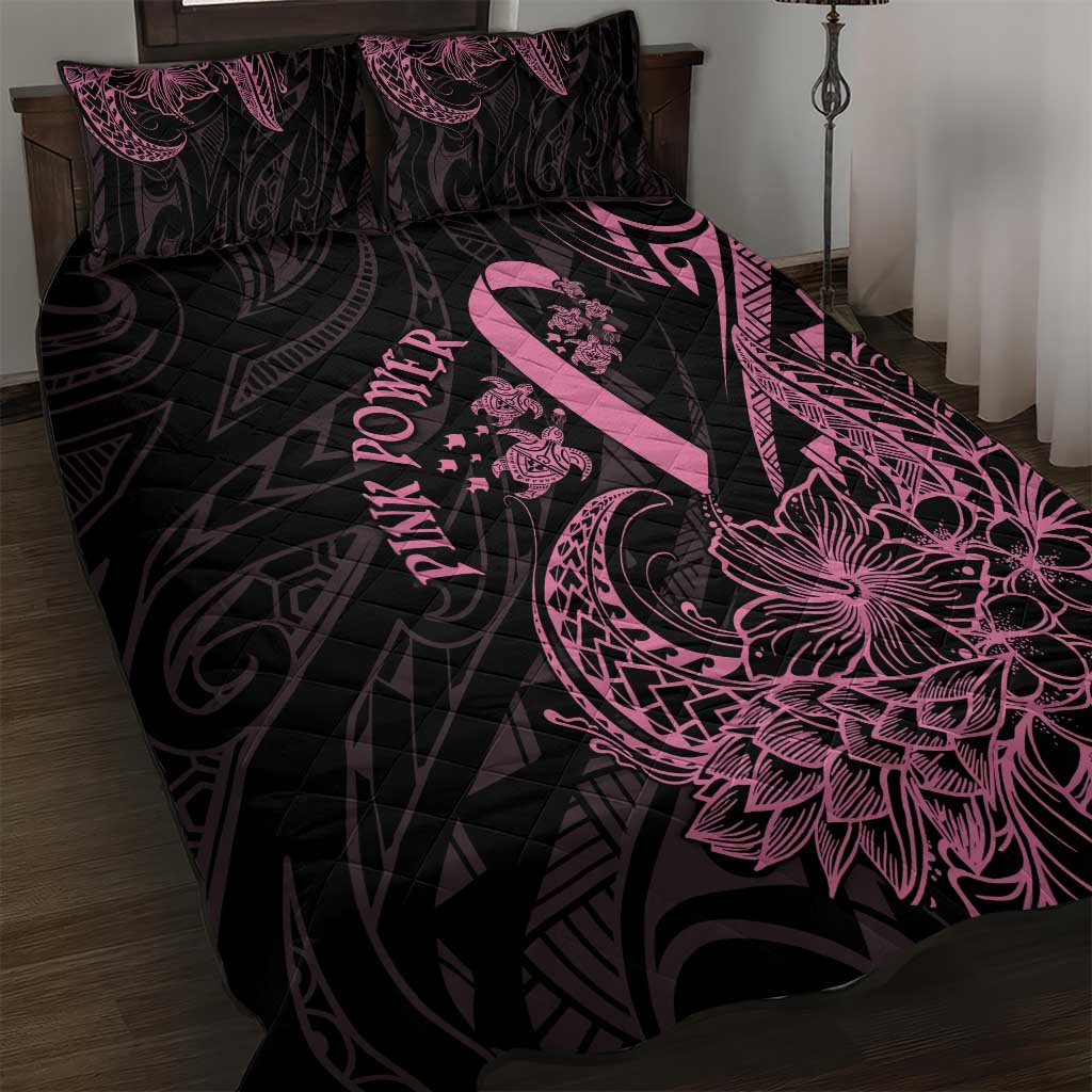 Polynesian Pink Power Quilt Bed Set Breast Cancer Ribbon Turtle and Flowers