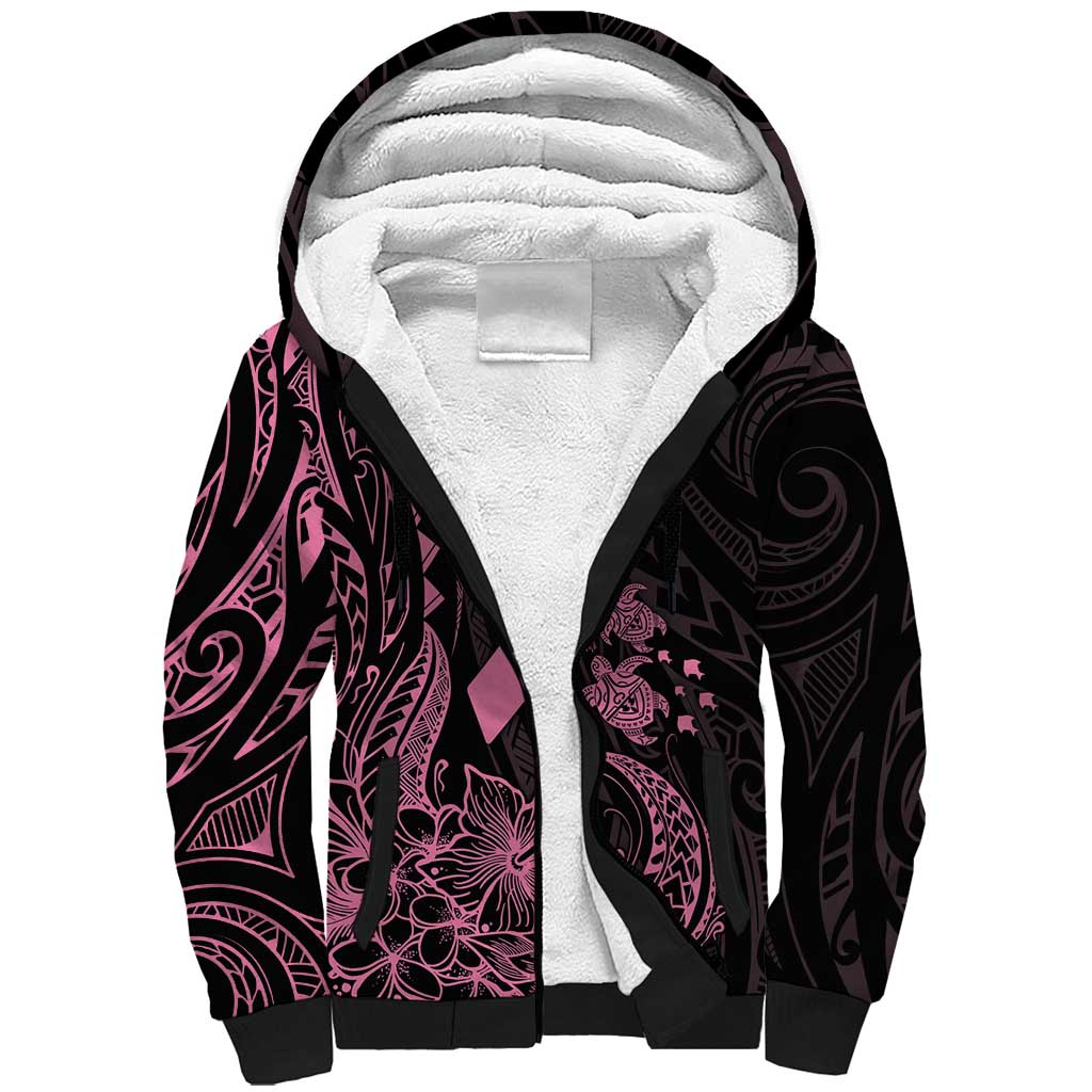 Polynesian Pink Power Sherpa Hoodie Breast Cancer Ribbon Turtle and Flowers LT7 Unisex Pink - Polynesian Pride