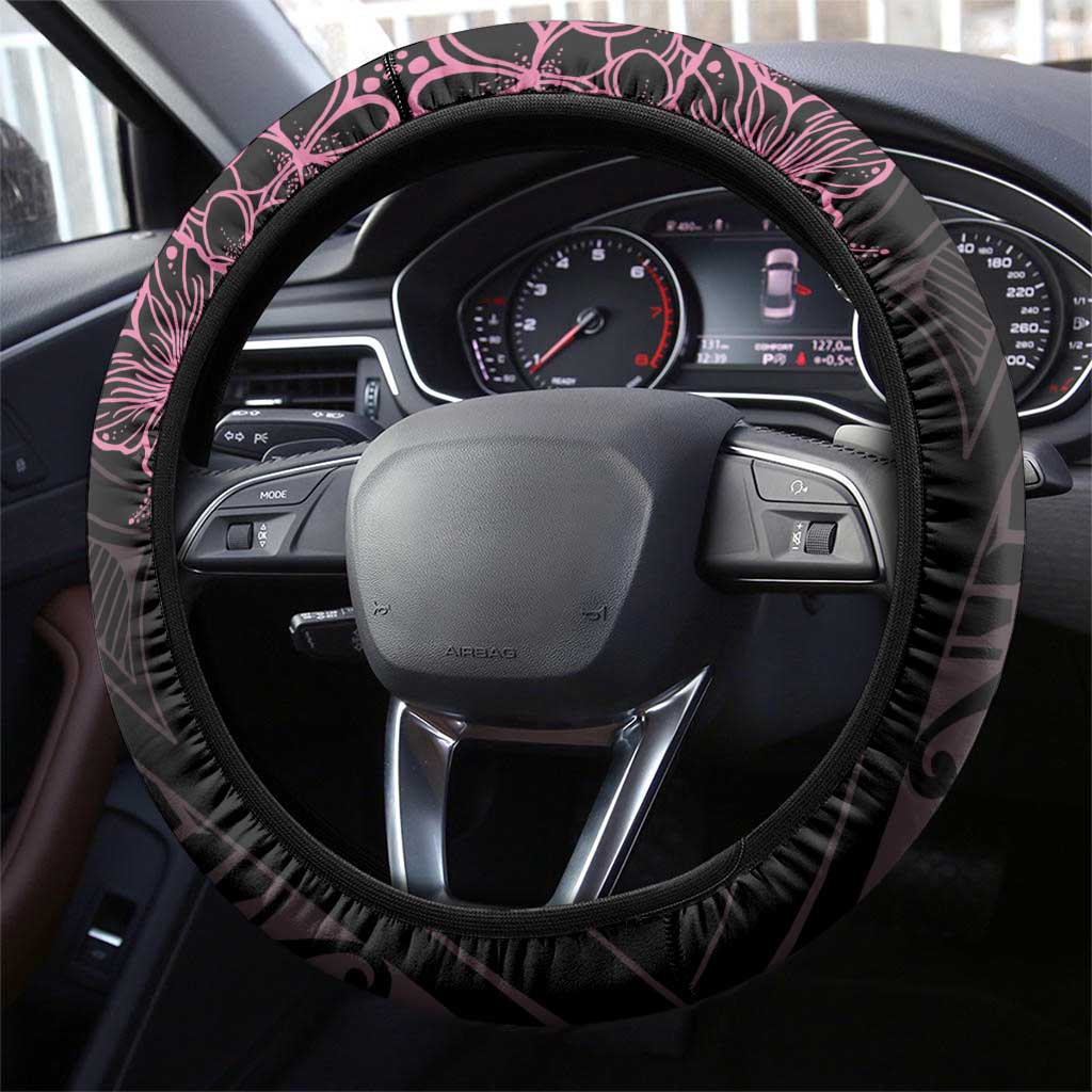 Polynesian Pink Power Steering Wheel Cover Breast Cancer Ribbon Turtle and Flowers LT7 - Polynesian Pride