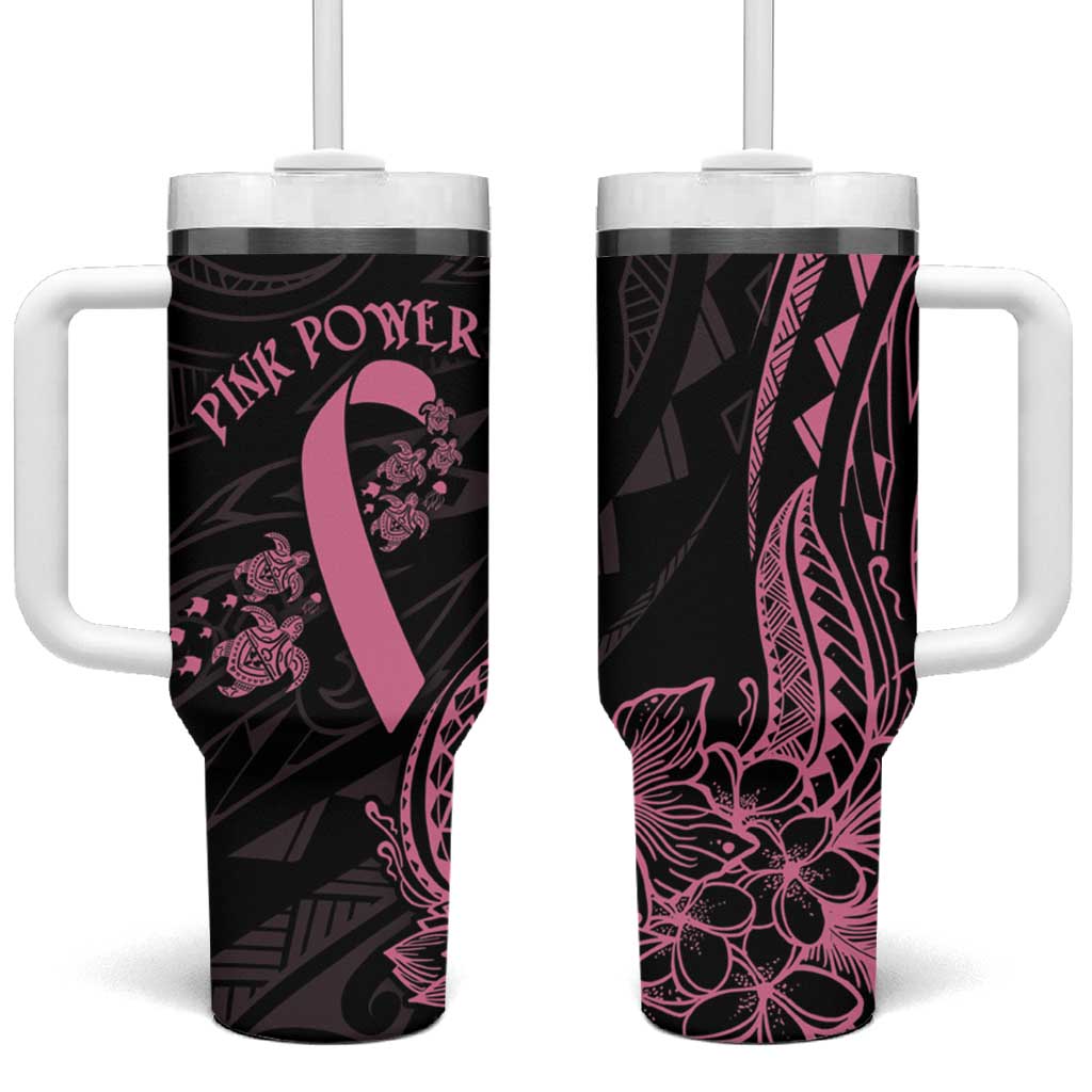 Polynesian Pink Power Tumbler With Handle Breast Cancer Ribbon Turtle and Flowers