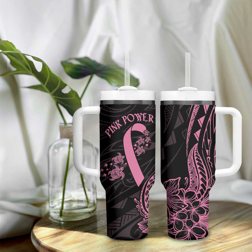 Polynesian Pink Power Tumbler With Handle Breast Cancer Ribbon Turtle and Flowers