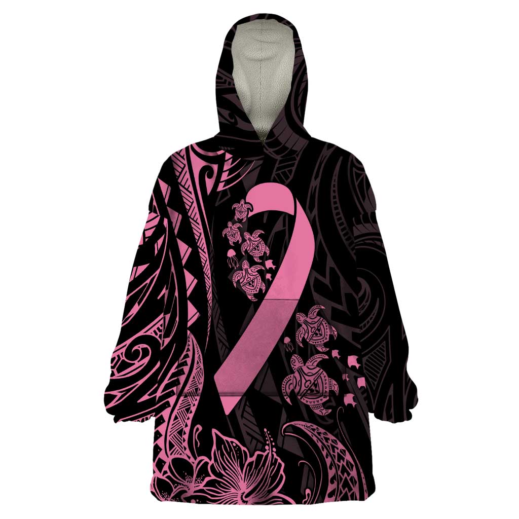 Polynesian Pink Power Wearable Blanket Hoodie Breast Cancer Ribbon Turtle and Flowers LT7 One Size Pink - Polynesian Pride