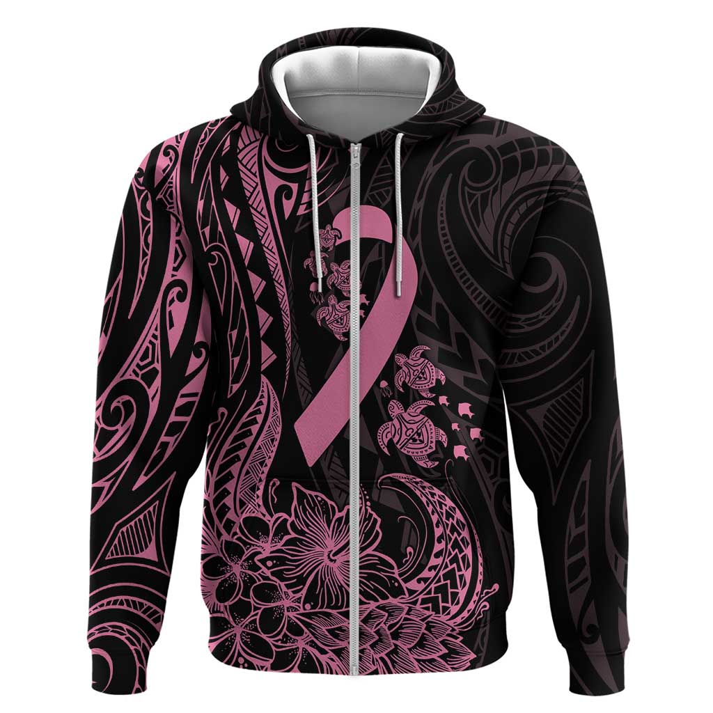 Polynesian Pink Power Zip Hoodie Breast Cancer Ribbon Turtle and Flowers