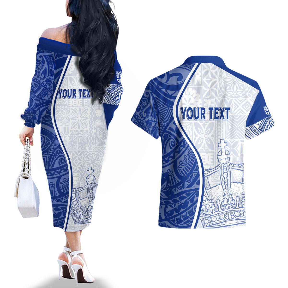 Personalised Queen Victoria School Couples Matching Off The Shoulder Long Sleeve Dress and Hawaiian Shirt QVS Old Boys LT7 - Polynesian Pride