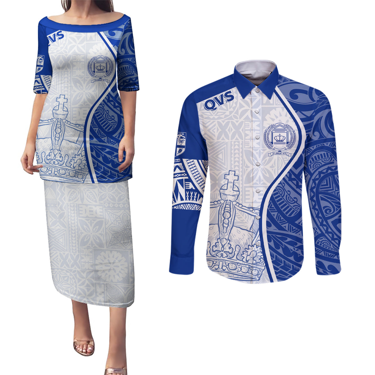Personalised Queen Victoria School Couples Matching Puletasi Dress and Long Sleeve Button Shirts QVS Old Boys LT7 White - Polynesian Pride