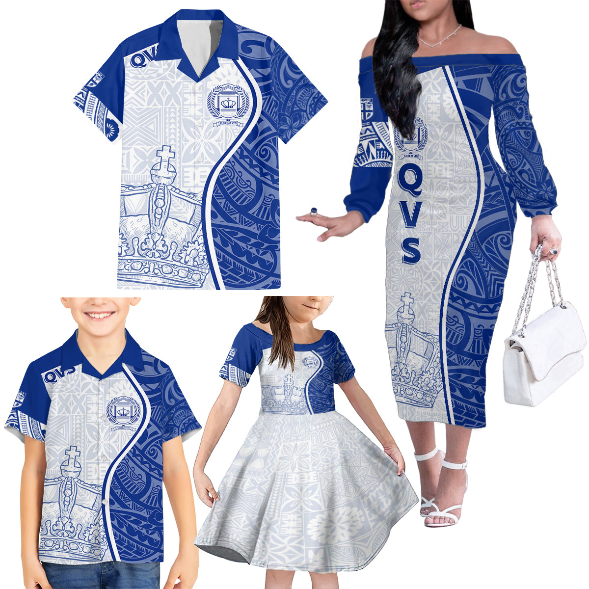 Personalised Queen Victoria School Family Matching Off Shoulder Long Sleeve Dress and Hawaiian Shirt QVS Old Boys LT7 - Polynesian Pride