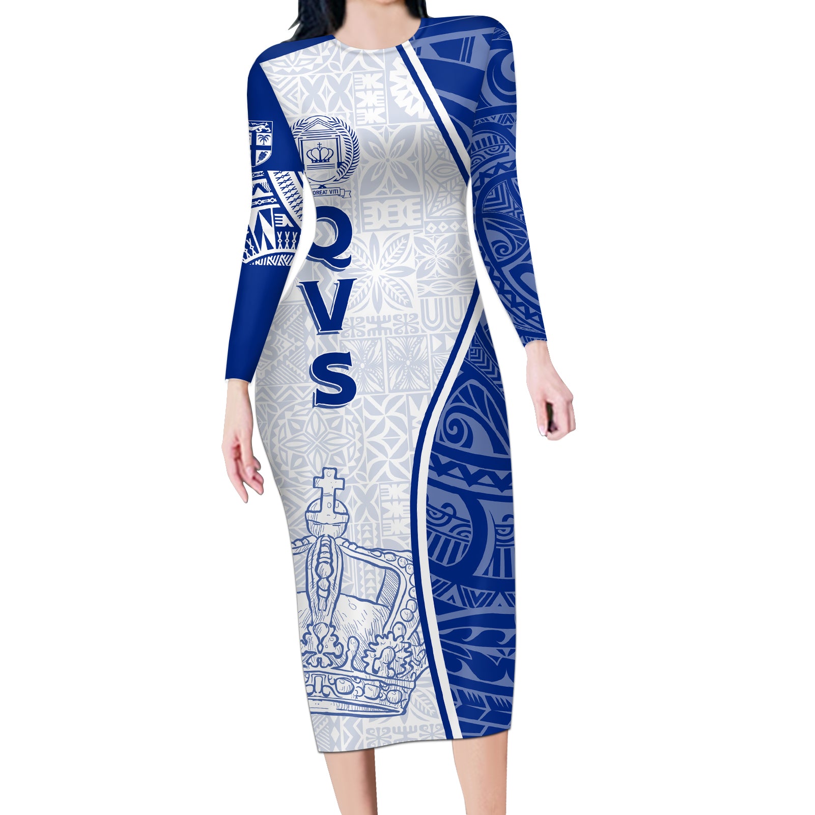 Personalised Queen Victoria School Long Sleeve Bodycon Dress QVS Old Boys LT7 Long Dress White - Polynesian Pride