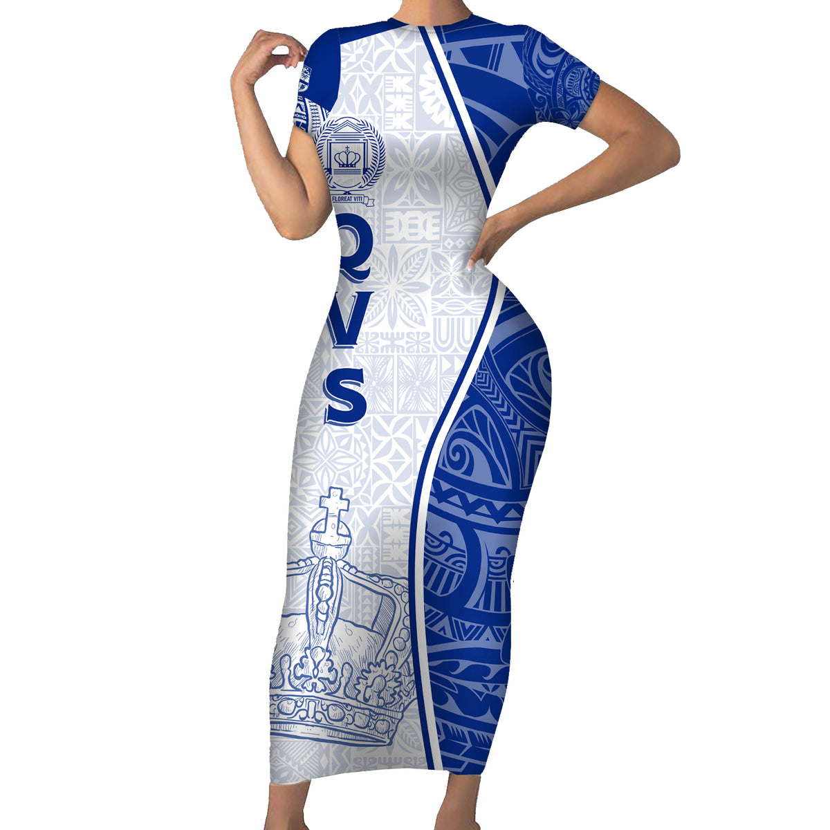 Personalised Queen Victoria School Short Sleeve Bodycon Dress QVS Old Boys LT7 Long Dress White - Polynesian Pride