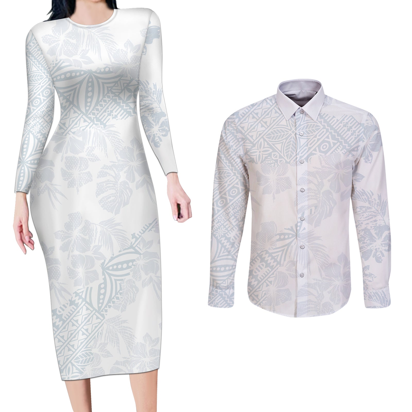 Samoa White Sunday Couples Matching Long Sleeve Bodycon Dress and Long Sleeve Button Shirts Hibiscus Special LT7 White - Polynesian Pride