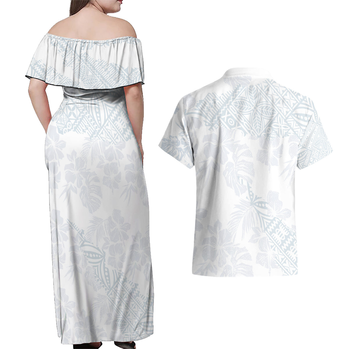 Samoa White Sunday Couples Matching Off Shoulder Maxi Dress and Hawaiian Shirt Hibiscus Special LT7 - Polynesian Pride