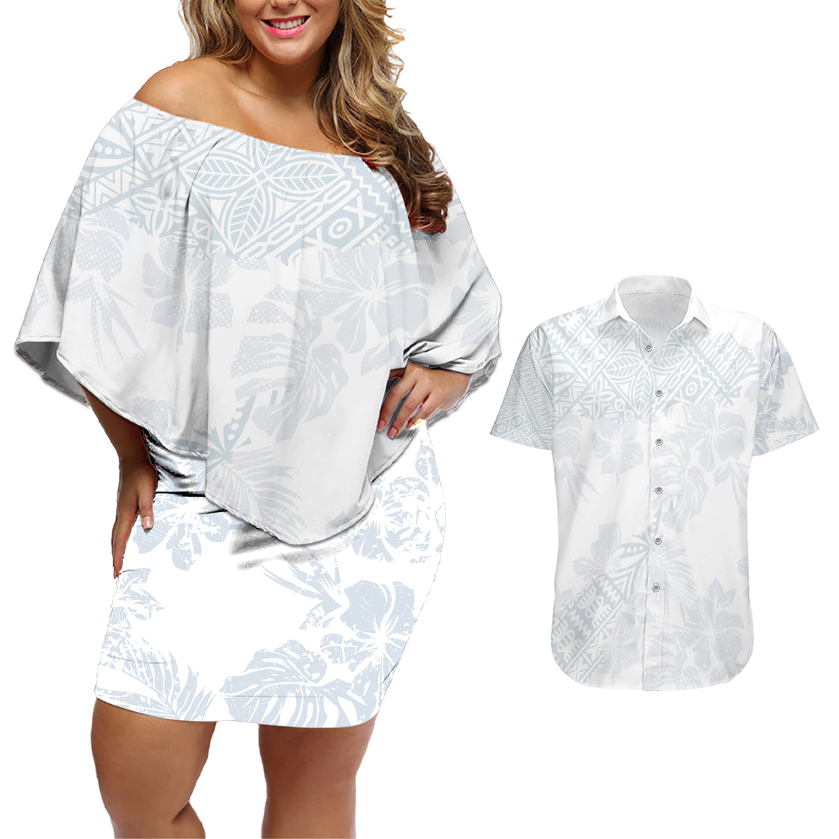 Samoa White Sunday Couples Matching Off Shoulder Short Dress and Hawaiian Shirt Hibiscus Special LT7 White - Polynesian Pride