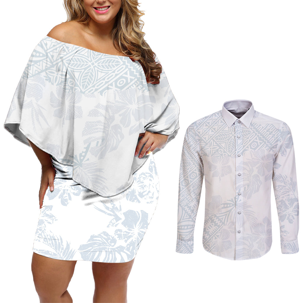 Samoa White Sunday Couples Matching Off Shoulder Short Dress and Long Sleeve Button Shirts Hibiscus Special LT7 White - Polynesian Pride