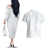 Samoa White Sunday Couples Matching Off The Shoulder Long Sleeve Dress and Hawaiian Shirt Hibiscus Special LT7 - Polynesian Pride