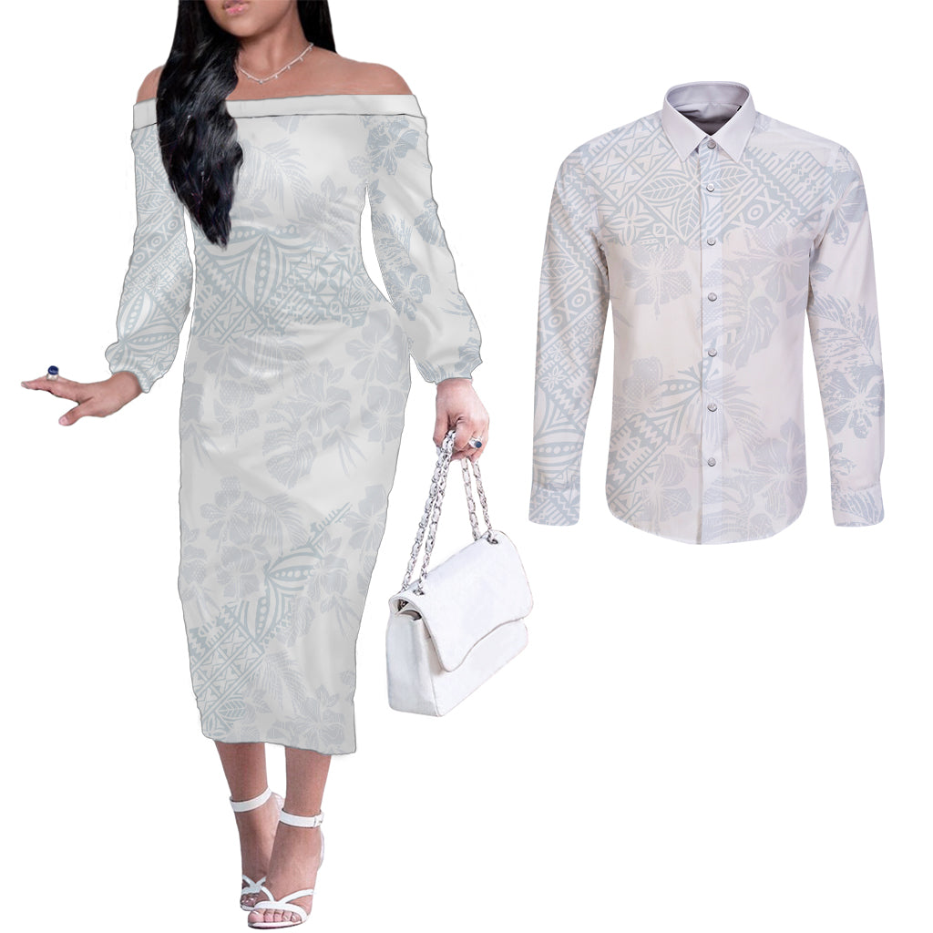 Samoa White Sunday Couples Matching Off The Shoulder Long Sleeve Dress and Long Sleeve Button Shirts Hibiscus Special LT7 White - Polynesian Pride