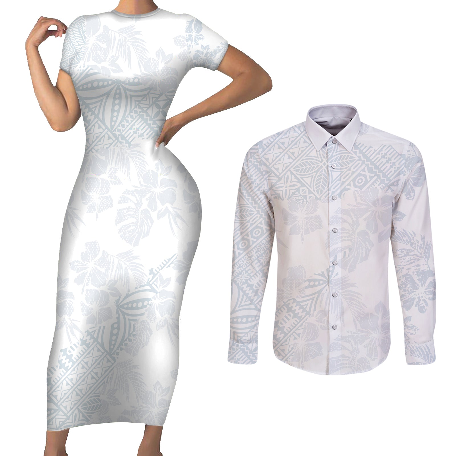 Samoa White Sunday Couples Matching Short Sleeve Bodycon Dress and Long Sleeve Button Shirts Hibiscus Special LT7 White - Polynesian Pride