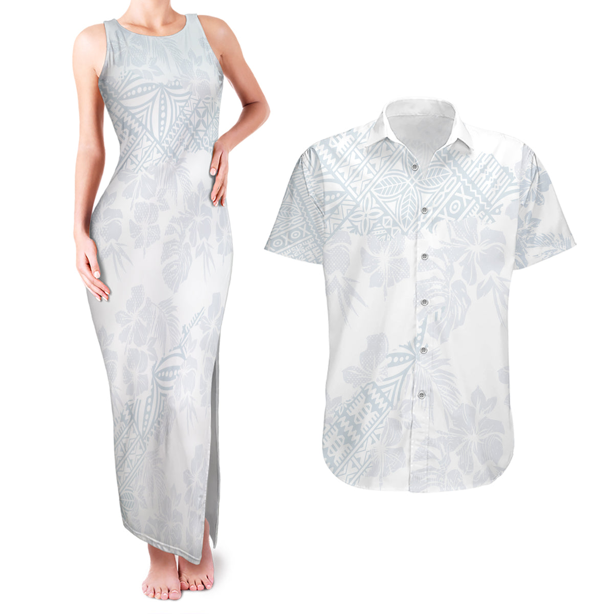 Samoa White Sunday Couples Matching Tank Maxi Dress and Hawaiian Shirt Hibiscus Special LT7 White - Polynesian Pride
