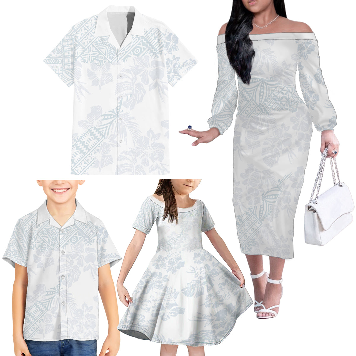 Samoa White Sunday Family Matching Off Shoulder Long Sleeve Dress and Hawaiian Shirt Hibiscus Special LT7 - Polynesian Pride