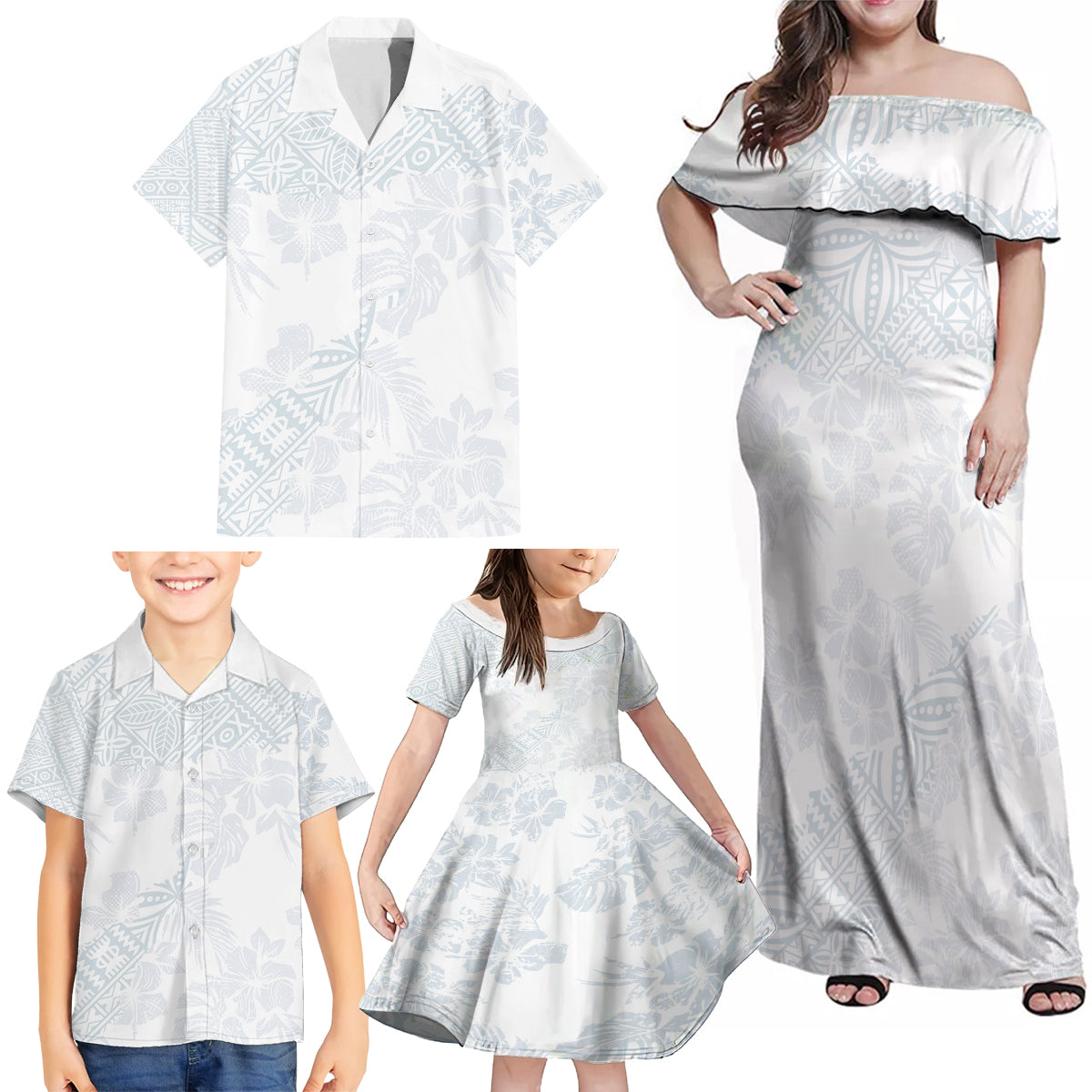 Samoa White Sunday Family Matching Off Shoulder Maxi Dress and Hawaiian Shirt Hibiscus Special LT7 - Polynesian Pride