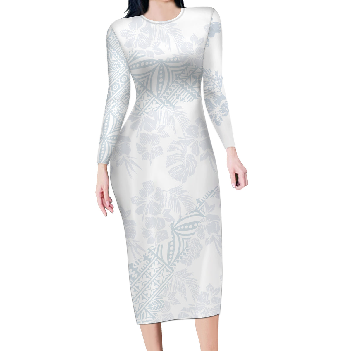 Samoa White Sunday Long Sleeve Bodycon Dress Hibiscus Special LT7 Long Dress White - Polynesian Pride