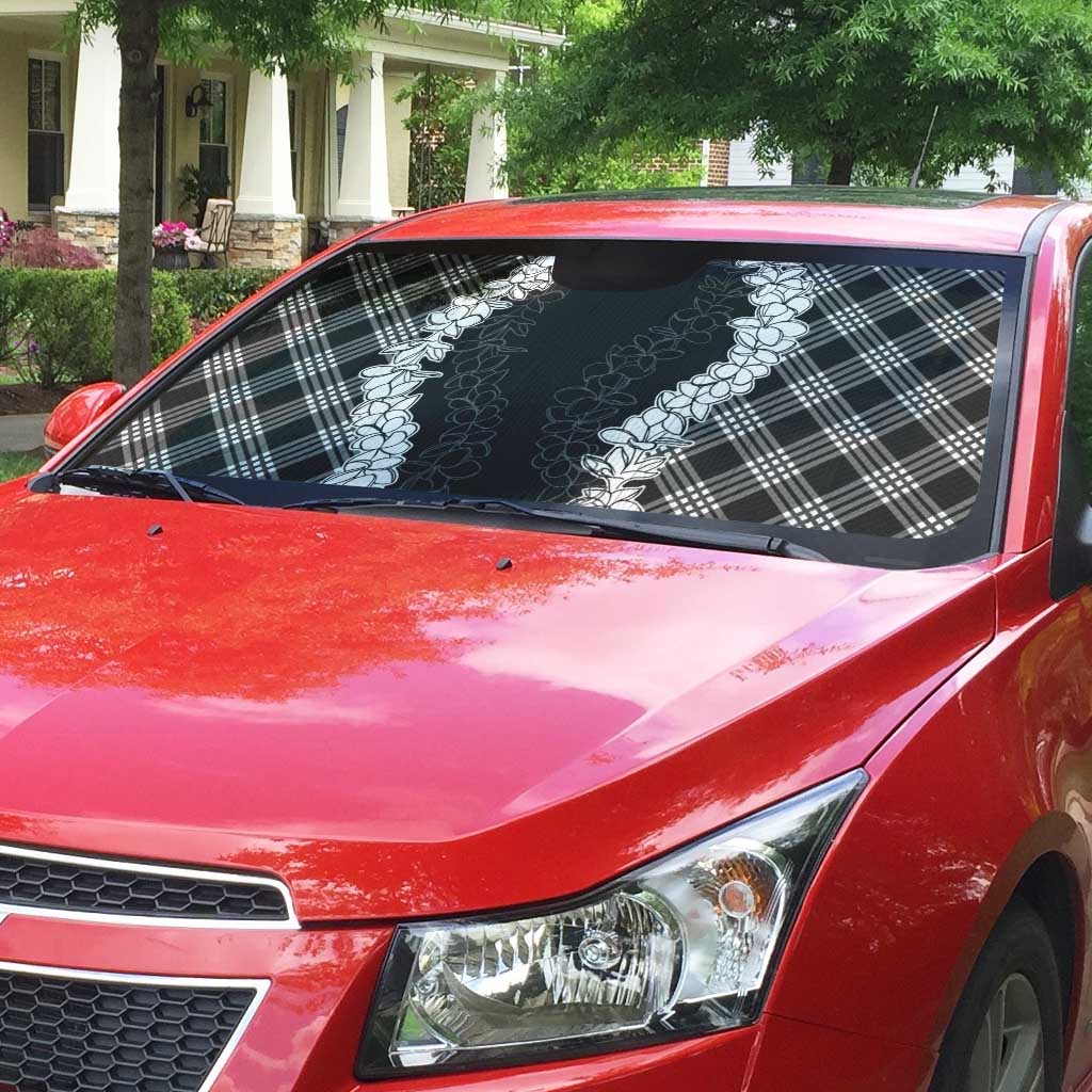 Hawaii Aloha Plumeria Lei Black Palaka Auto Sun Shade - Polynesian Pride