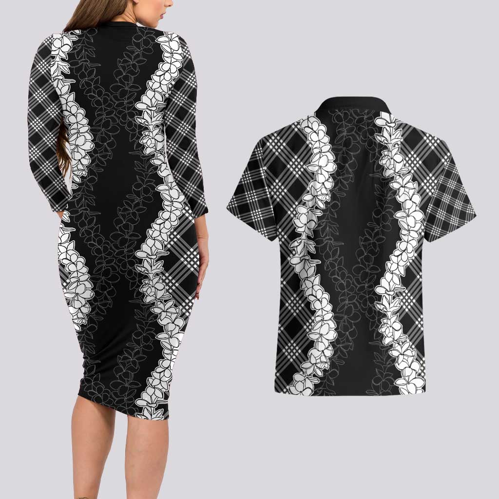 Hawaii Aloha Plumeria Lei Black Palaka Couples Matching Long Sleeve Bodycon Dress and Hawaiian Shirt - Polynesian Pride