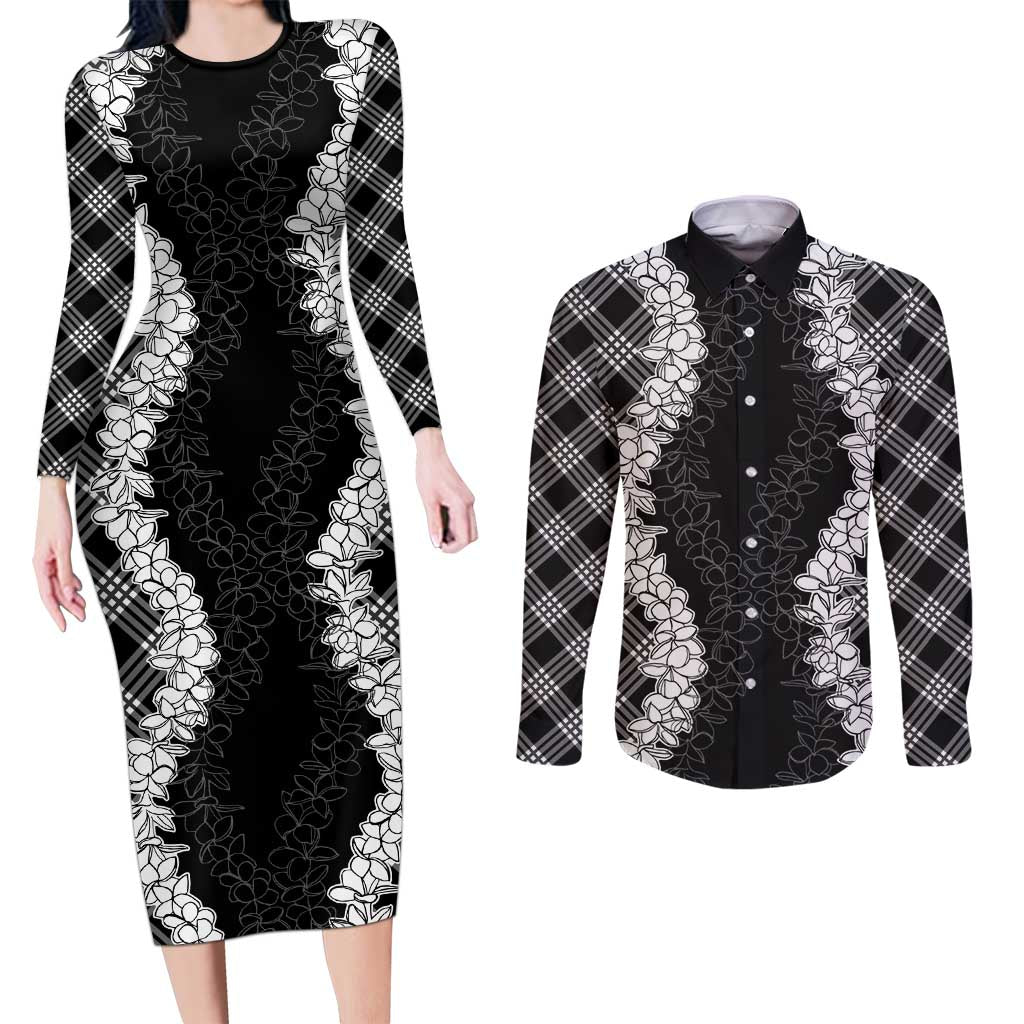 Hawaii Aloha Plumeria Lei Black Palaka Couples Matching Long Sleeve Bodycon Dress and Long Sleeve Button Shirt - Polynesian Pride