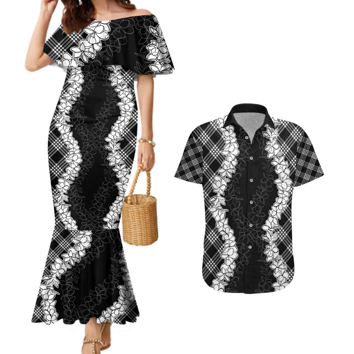 Hawaii Aloha Plumeria Lei Black Palaka Couples Matching Mermaid Dress and Hawaiian Shirt - Polynesian Pride