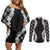 Hawaii Aloha Plumeria Lei Black Palaka Couples Matching Off Shoulder Short Dress and Long Sleeve Button Shirt - Polynesian Pride