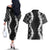 Hawaii Aloha Plumeria Lei Black Palaka Couples Matching Off The Shoulder Long Sleeve Dress and Hawaiian Shirt - Polynesian Pride
