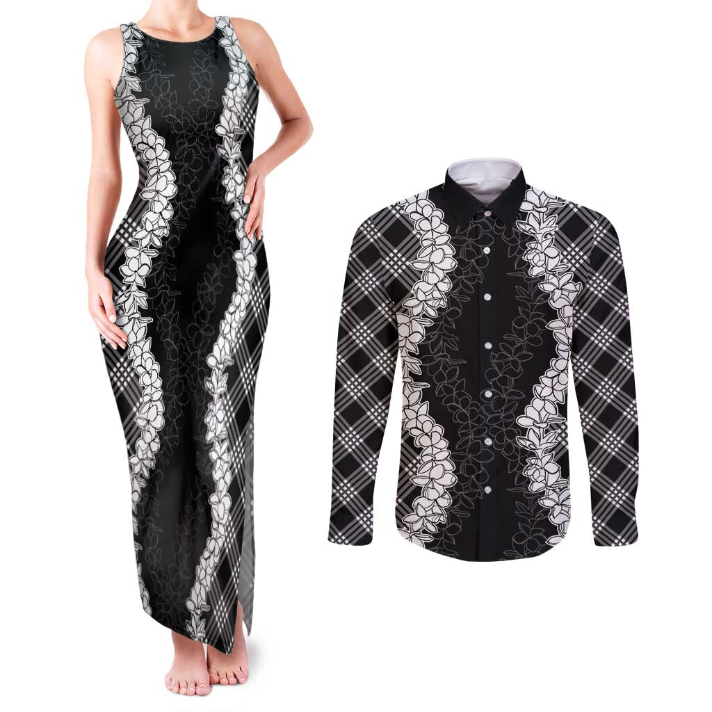 Hawaii Aloha Plumeria Lei Black Palaka Couples Matching Tank Maxi Dress and Long Sleeve Button Shirt - Polynesian Pride