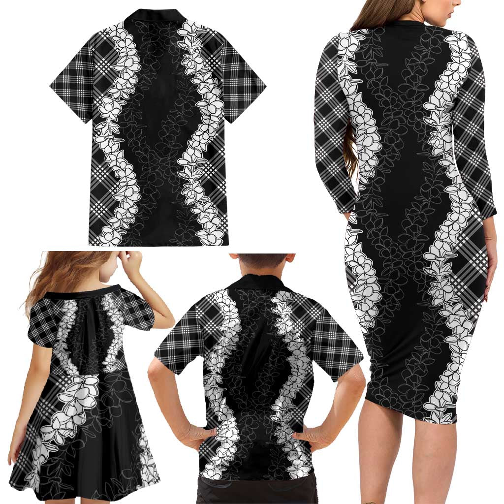 Hawaii Aloha Plumeria Lei Black Palaka Family Matching Long Sleeve Bodycon Dress and Hawaiian Shirt - Polynesian Pride