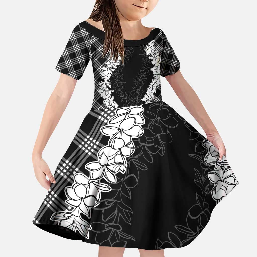Hawaii Aloha Plumeria Lei Black Palaka Family Matching Puletasi and Hawaiian Shirt LT7 Daughter's Dress Black - Polynesian Pride