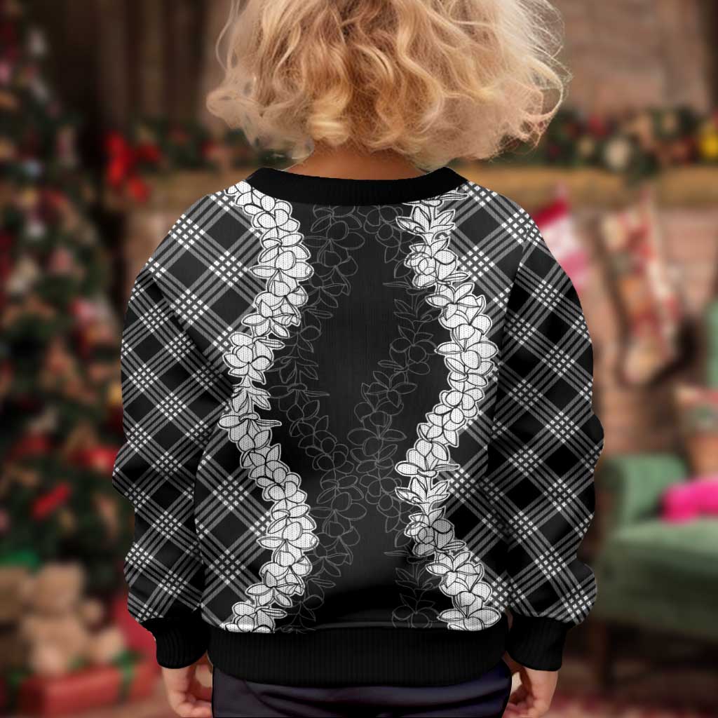 Hawaii Aloha Plumeria Lei Black Palaka Kid Ugly Christmas Sweater - Polynesian Pride