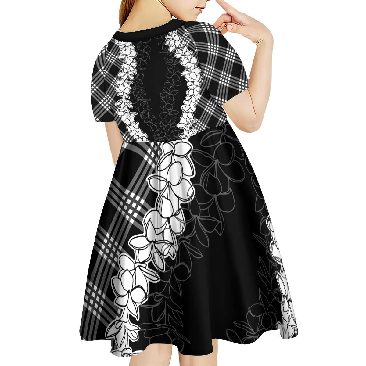 Hawaii Aloha Plumeria Lei Black Palaka Kid Short Sleeve Dress - Polynesian Pride