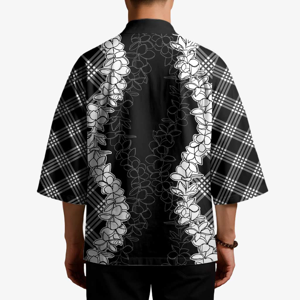 Hawaii Aloha Plumeria Lei Black Palaka Kimono - Polynesian Pride