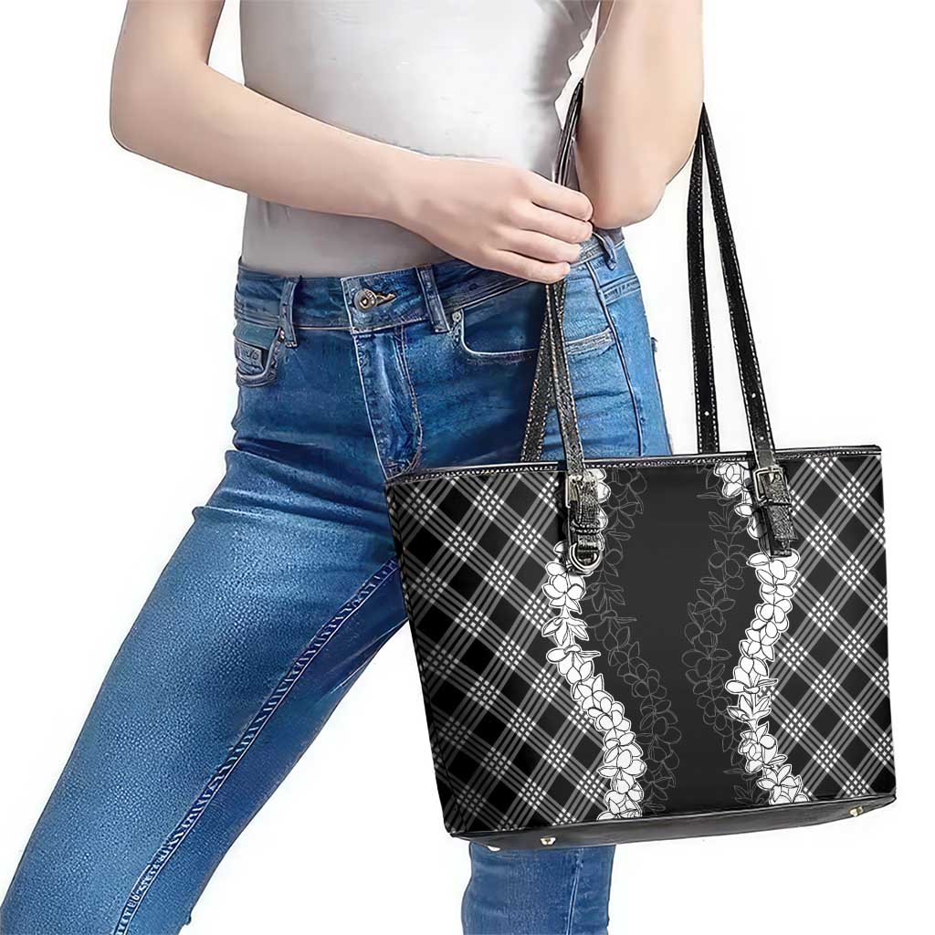 Hawaii Aloha Plumeria Lei Black Palaka Leather Tote Bag - Polynesian Pride