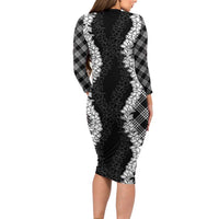 Hawaii Aloha Plumeria Lei Black Palaka Long Sleeve Bodycon Dress - Polynesian Pride