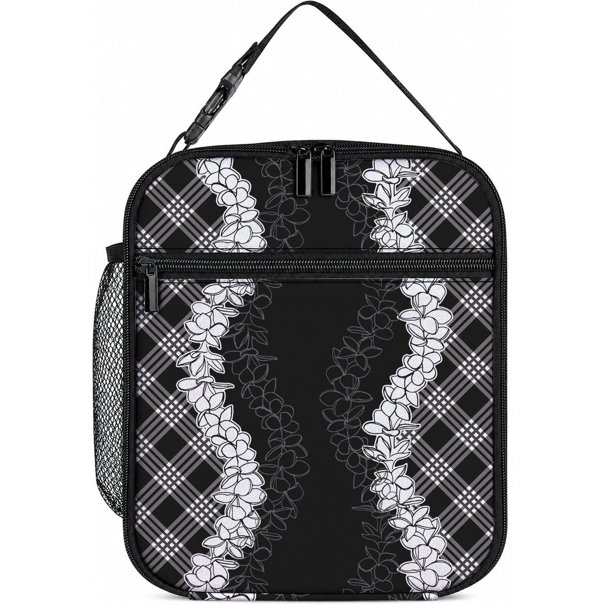 Hawaii Aloha Plumeria Lei Black Palaka Lunch Bag LT7 10.2 × 8.3 × 4.3 inch Black - Polynesian Pride
