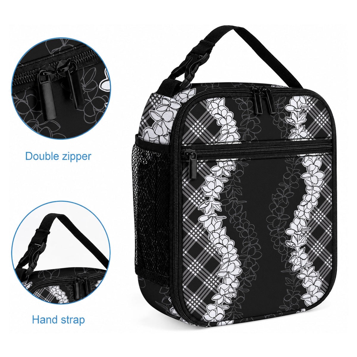 Hawaii Aloha Plumeria Lei Black Palaka Lunch Bag LT7 - Polynesian Pride