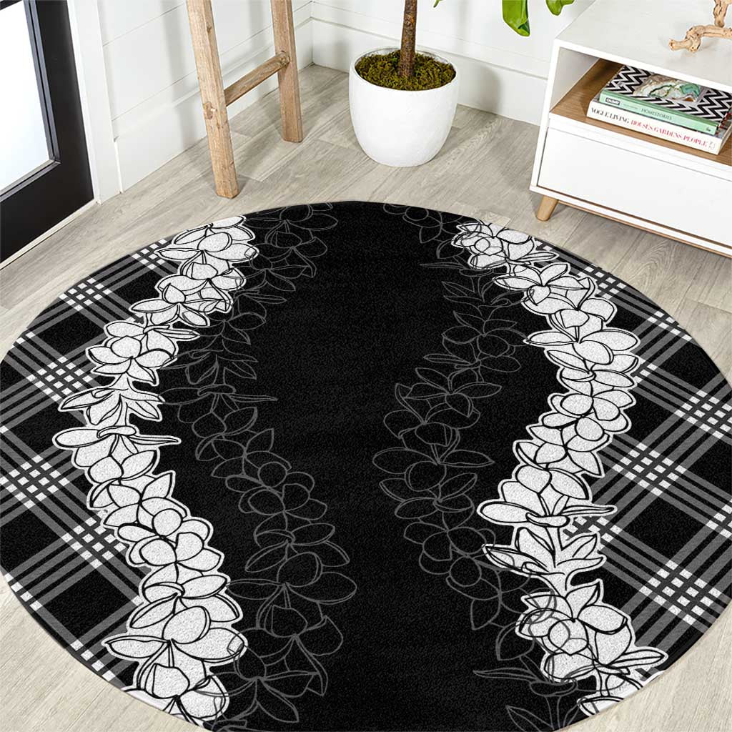 Hawaii Aloha Plumeria Lei Black Palaka Round Carpet - Polynesian Pride