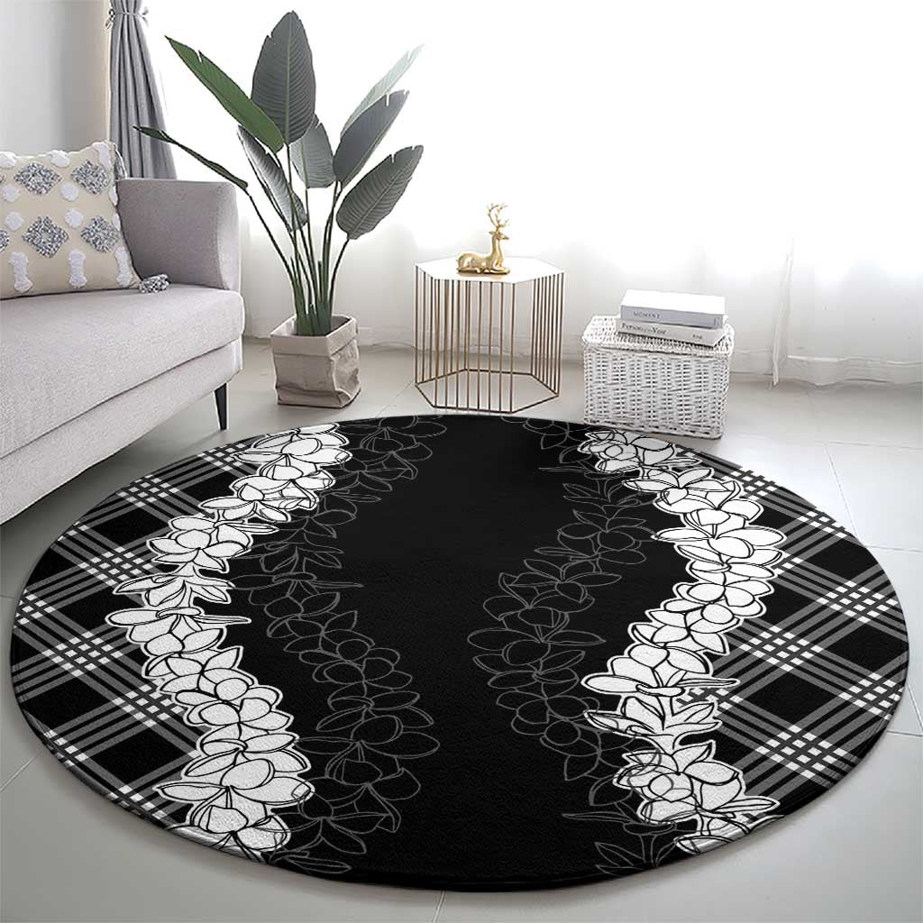 Hawaii Aloha Plumeria Lei Black Palaka Round Carpet - Polynesian Pride