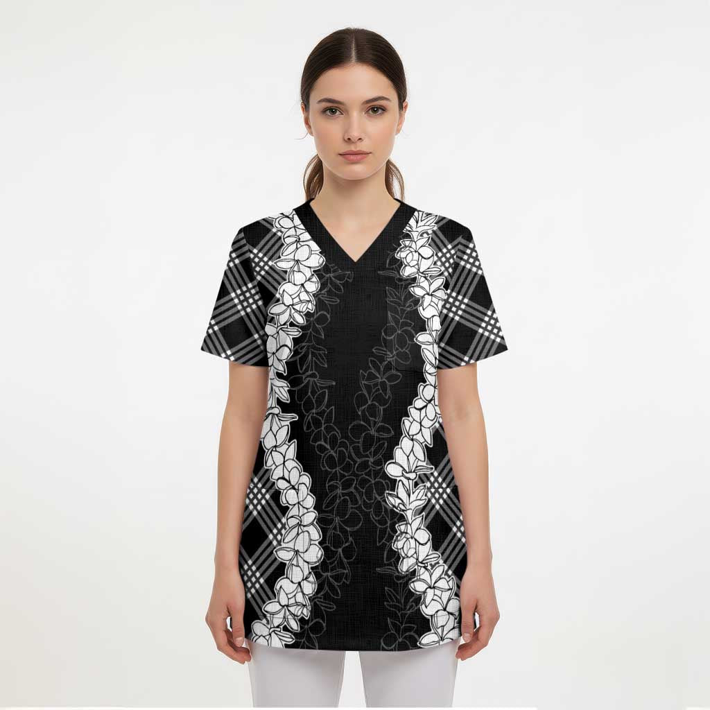 Hawaii Aloha Plumeria Lei Black Palaka Scrub Top - Polynesian Pride