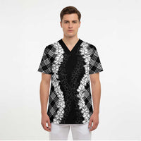 Hawaii Aloha Plumeria Lei Black Palaka Scrub Top - Polynesian Pride
