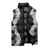 Hawaii Aloha Plumeria Lei Black Palaka Sleeveless Puffer Jacket - Polynesian Pride