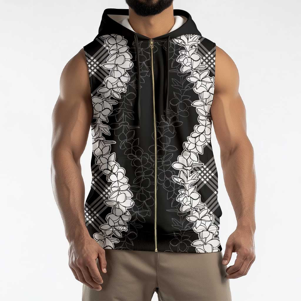 Hawaii Aloha Plumeria Lei Black Palaka Sleeveless Zip Hoodie - Polynesian Pride