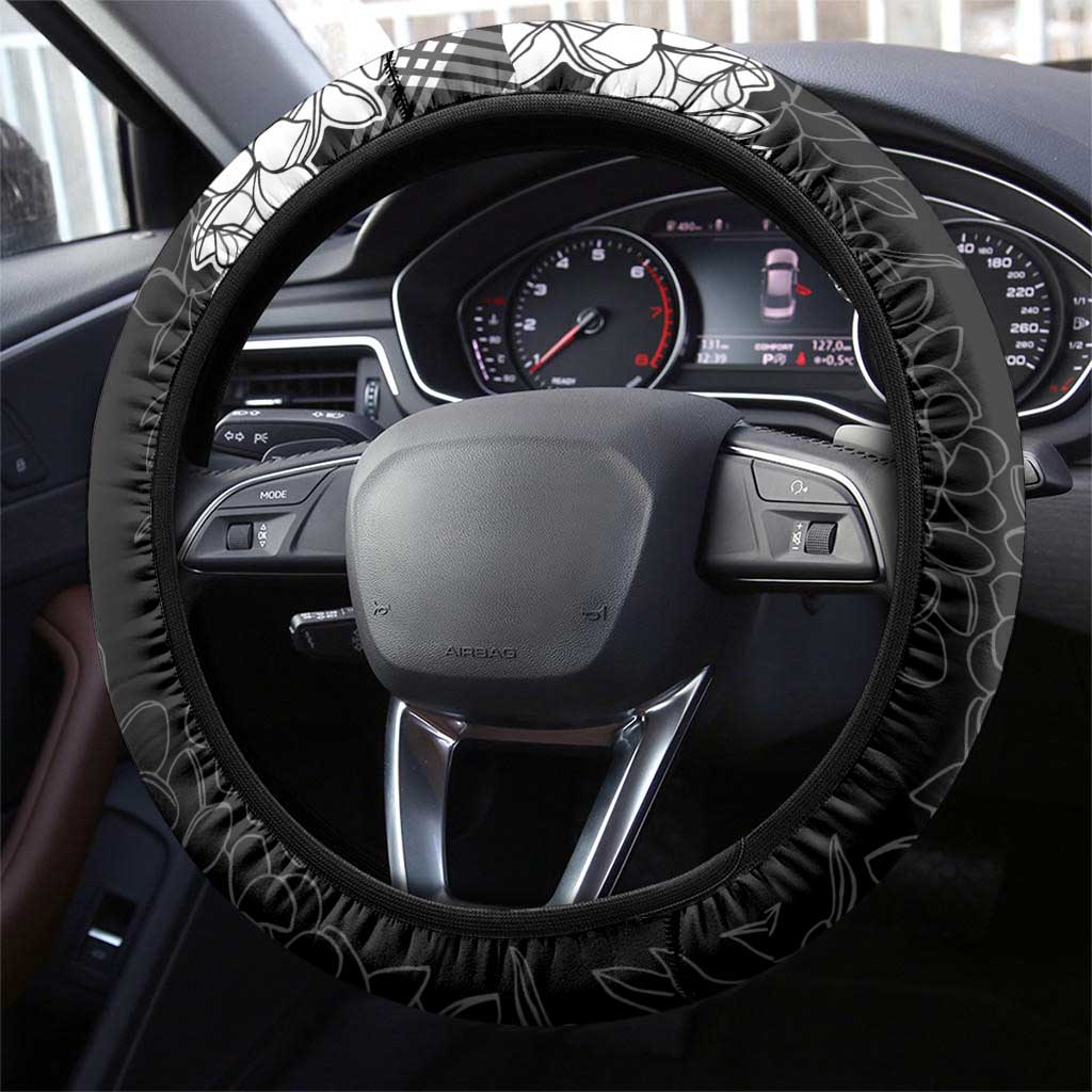 Hawaii Aloha Plumeria Lei Black Palaka Steering Wheel Cover - Polynesian Pride